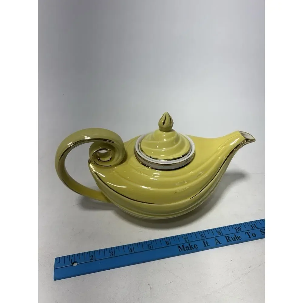 Vintage Hall China 6 Cup Teapot w/ Infuser Yellow Gold Trim USA Art Deco MCM